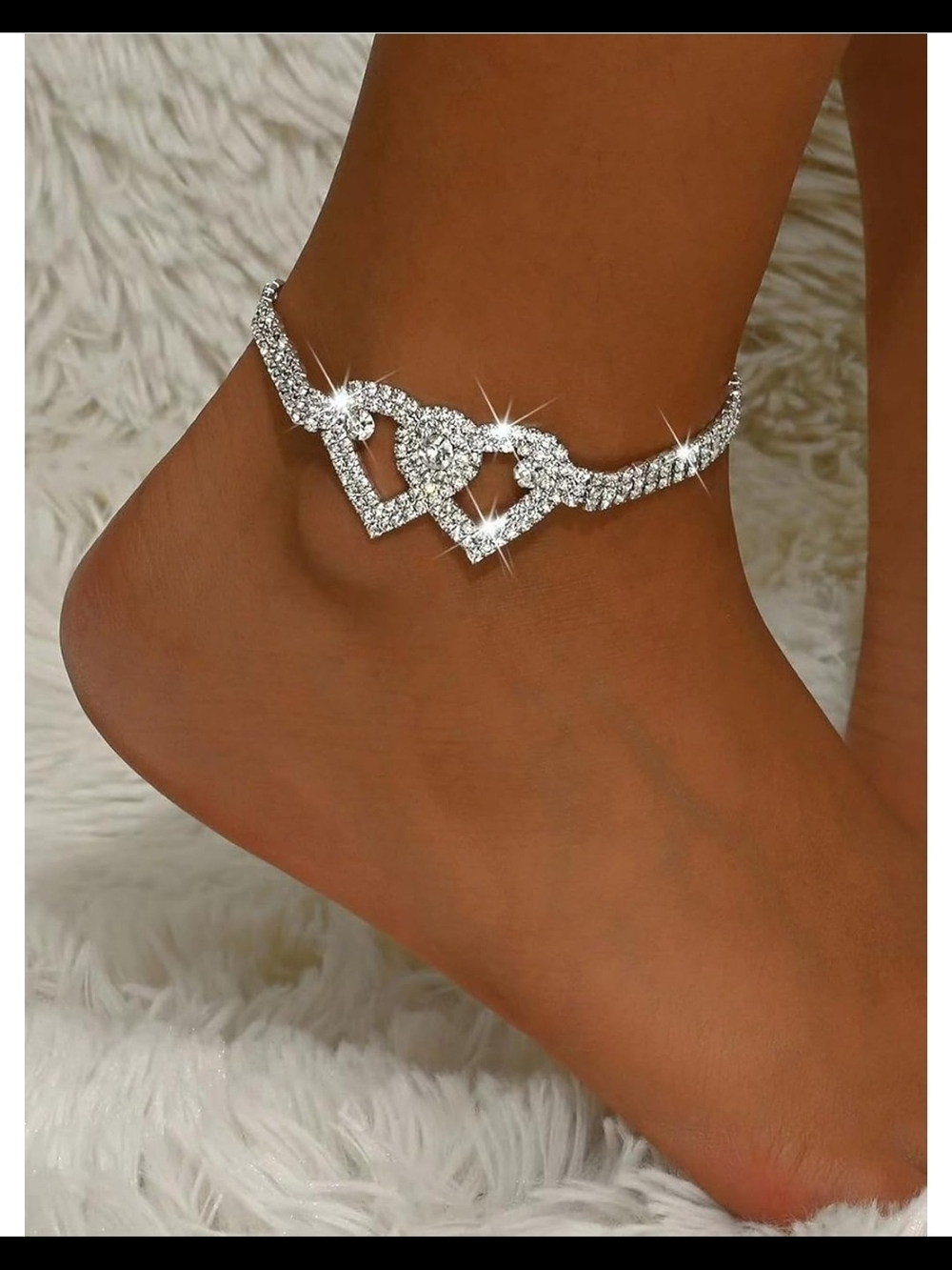 Sparkling Crystal Heart Anklet - Silver Rhinestone